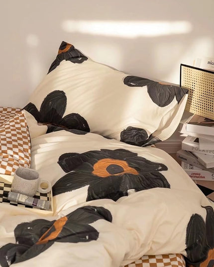 Houseri Black Sunflower Comforter Set King Beige White 3D Floral Bedding King Size Comforters Sets for Women Girls Elegant Beige and Brown Plaid Comforter King Vintage Grand Flowers Bed Quilts King