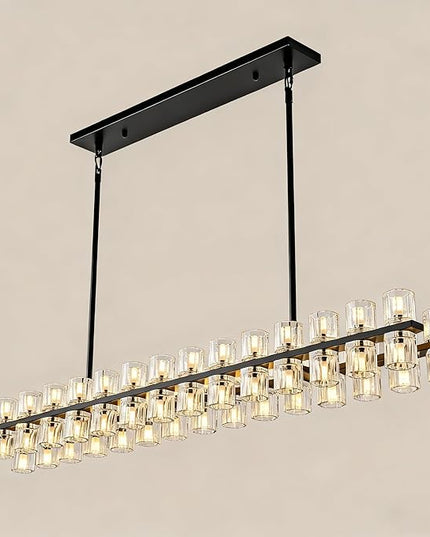 Crystal Black Rectangular Chandelier for Dining Room, 54in Chandeliers Over Table, Modern Chandelier Rectangle Contemporary Pendant Light Fixture for Kitchen Island Bar, Includes 60XG4 Bulbs