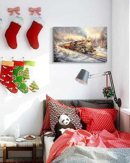 YONICA Christmas Wall Decor Christmas Canvas Wall Art Home Decorations 32x24 Inches - Christmas Pictures Christmas Train with Flags Prints Winter Painting Xmas Artworks for Living Room Bedroom