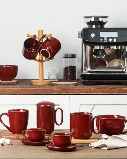 vicrays Ceramic Coffee Mug Set - 18 Ounce Large Stoneware Mug for Men Women - Unique Glazed Porcelain Mugs with Handle for Coffee Latte Tea Milk Cocoa - Set of 4 (Cherry Red)
