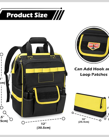 Tool Bag Backpack with Zipper Pouch and Magnetic Attraction Area, Heavy-Duty Tool Storage Organizer Bag, Tactical Work Tool Bag for Electrician, Repairman, HVAC Techs, Black
