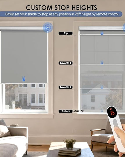 Motorized Roller Blinds with Remote Control & Solar Panel - 100% Blackout Smart Blinds, Automatic, Cordless, Electric Shades - Compatible with Alexa - Grey, 24" W x 72" H