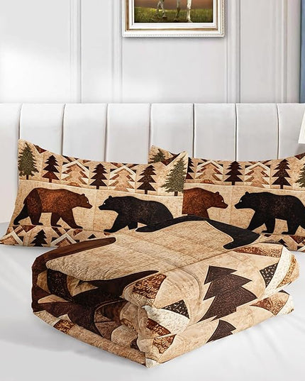 AILONEN Rustic Brown Bear Comforter Set,Vintage Wildlife Bedding Sets for Bedroom Decor, Full Size,Woodland Animal Bears Duvet Set,3-Piece, 1 Quilt and 2 Pillowcases,Soft Microfiber