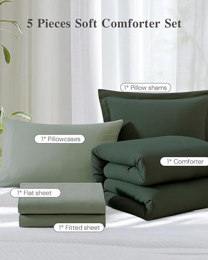 WRENSONGE Twin Comforter Set- 5 Pieces Deep Forest Twin Bed in a Bag, All Season Twin XL Bedding Sets with 1 Fitted Sheet, 1 Flat Sheet, 1 Pillow Sham and 1 Pillowcase