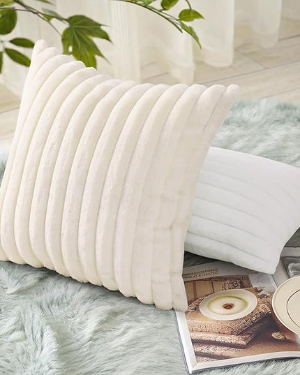 decorUhome Faux Fur Spring Throw Pillow Covers 18x18 Set of 2, Decorative Soft Plush Striped Neutral Couch Euro Pillow Covers with Velvet Back for Sofa, Bed, Living Room Home Decor, Cream White