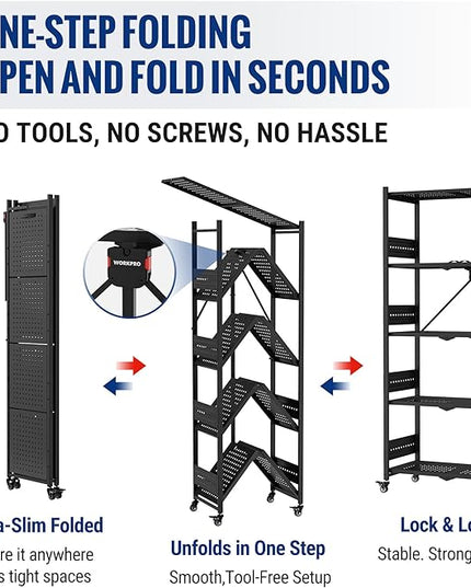 WORKPRO 5-Tier Folding Shelf, No-Assembly Metal Storage Rack with Wheels, 750 lbs Capacity (with Leveling Feet), Collapsible Shelving Unit for Kitchen, Pantry, Bathroom & Closet Organization