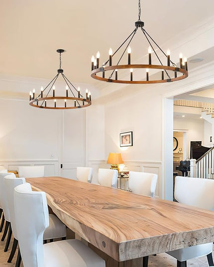 HHR 40 Inch Solid Wood Wagon Wheel Chandelier, 16-Light Farmhouse Chandelier for Dining Room, Modern Chandeliers for Foyer, Kitchen Island, Living Room, Entryway, E12