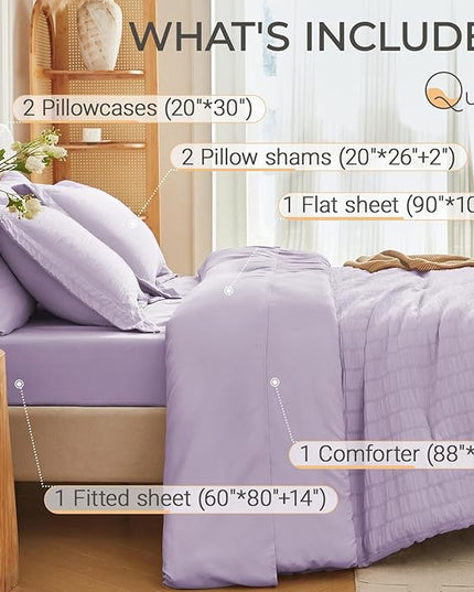 MUXHOMO 7 Pieces Queen Comforter Set, Seersucker Bed in a Bag Queen Size, All Season Luxury Bedding Set with Comforter, Flat Sheet, Fitted Sheet, Pillowcases & Shams, Lavender