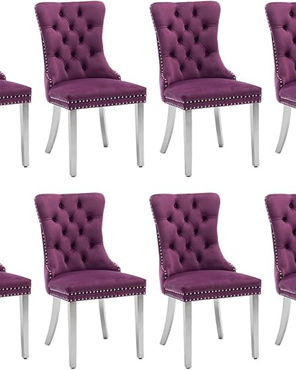 SoarFlash Velvet Dining Chairs Set of 8, Tall Back Side Chair, Modern Upholstered Side Chair with Button Back Ring, Silver Plated Stainless Steel Legs (Purple)