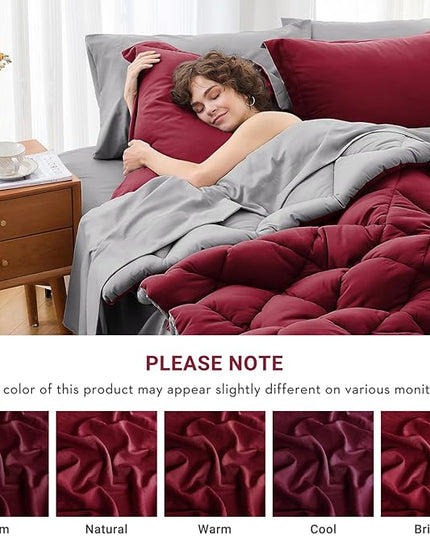 MUXHOMO 7 Pieces Queen Comforter Set, Reversible Bed in a Bag Queen Size, All Season Bedding Set with Comforter, Flat Sheet, Fitted Sheet, Pillowcases & Shams, Burgundy & Grey