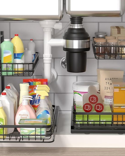 Under Sink Organizer, Adjustable Height Pull-Out Kitchen Storage Organization,15.8" x 11.8" x 16.5", 2-Tier Kitchen Shelf, Bathroom Drawer Organizer, 2 Pack|Black