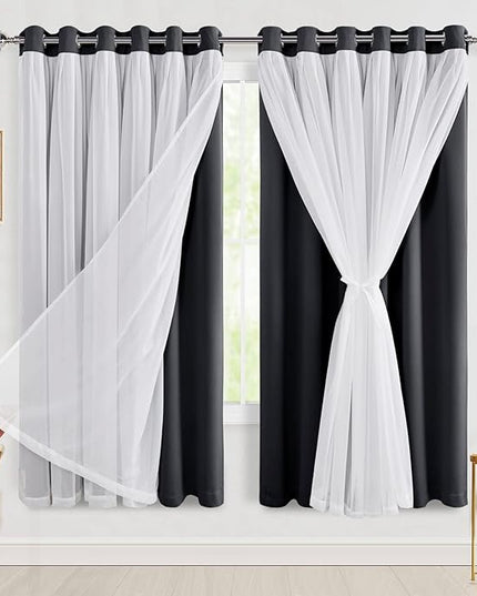Hiasan Extra Wide Blackout Curtains with Sheer Overlay Thermal Insulated Double Layer Indoor Curtains 63 inches Long,2 Panels with Tiebacks, Black, 70W X 63L