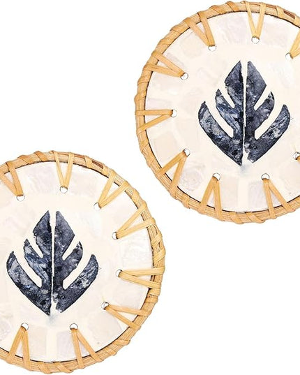 uxcell 2Pcs Handmade Woven Rattan Coasters, Heat-Resistant Drink Coasters for Coffee Table Dining Room Kitchen Coffee Wine Decor, Deep Blue Leaf