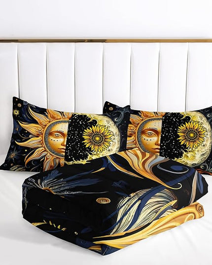 AILONEN Sun and Moon Comforter Set Full Size,Boho Exotic Black Galaxy Soft Bedding for Boys Girls,Gold Sun Moon Bohemia Comforter Set 3-Piece,1 Comforter + 2 Pillowcases