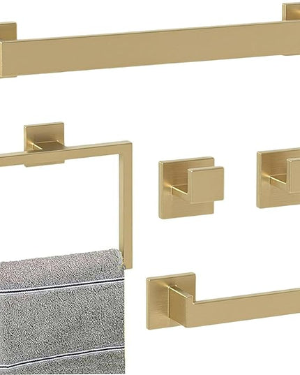Bathroom Accessory Towel Bar Set: 5 Pieces Gold Bathroom Hardware Square SUS304 Stainless Steel - Wall Mounted Towel Rack&Toilet Paper Holder&Towel Ring and Towel Hook