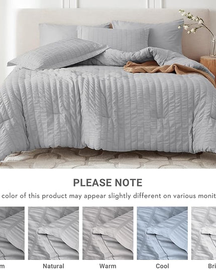 MUXHOMO 7 Pieces Queen Comforter Set, Seersucker Bed in a Bag Queen Size, All Season Luxury Bedding Set with Comforter, Flat Sheet, Fitted Sheet, Pillowcases & Shams, Light Grey