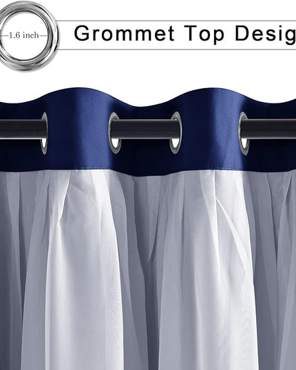 Hiasan Blackout Curtains with Sheer Overlay, Thermal Insulated Privacy Mix and Match Double Layer Window Curtains for Bedroom, Living Room, 2 Drape Panels Sewn with Tiebacks, Navy Blue, 42W X 63L