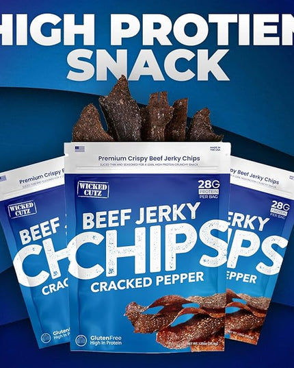Wicked Cutz Cracked Pepper Beef Jerky Chips, 28g Protein per Bag, Crispy & Crunchy Beef Jerky Crisps, USA Made Pepper Flavored Chips, High Protein Carnivore Snacks (4 Bags)