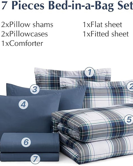 MaiRêve Full Size Plaid Comforter Set Blue White, Classic 7 Pieces Farmhouse Bedding Set, All Season Lightweight Bed in A Bag with Sheets, Pillowcases & Shams