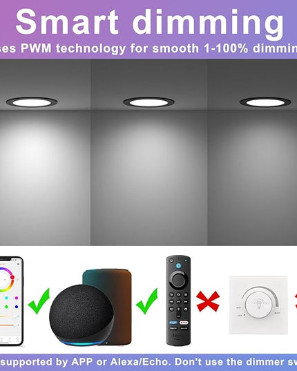 Black Smart Recessed Lighting 6 Inch RGBCW Color Changing 16W LED Downlight with Junction Box,1350 Lumen Recessed Ceiling Light Compatible with Alexa,Dimmable by Bluetooth Control -6Pack