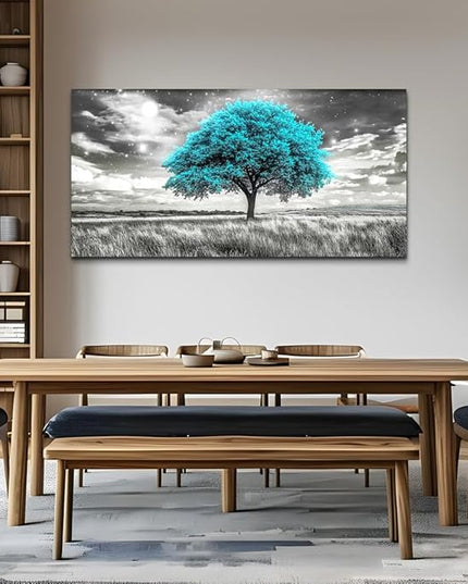 KELIYUAN Modern Canvas Print Wall Art Blue Tree Painting Full Of Stars Black And White Art pictures Natural Landscape Wall Decoration Suitable For Living Room Bedroom Office Framed Stretch 20x40 In