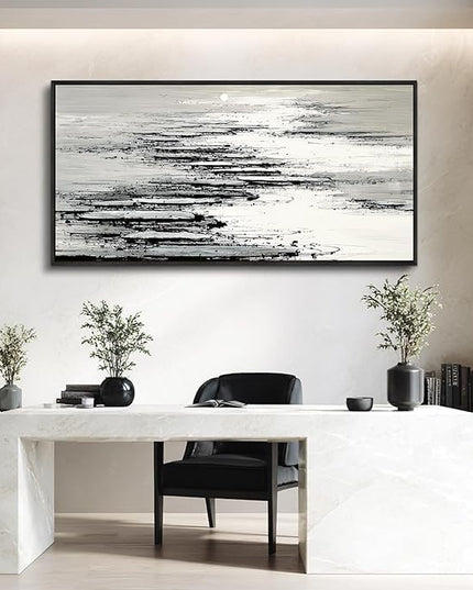 XIGUANGART Abstract Wall Art for Living Room Large Framed Black and white Canvas Print Minimalist Ocean Sunset Landscape Pictures Inspiration Modern Painting For Bedroom Office Home Wall Decor 20x40