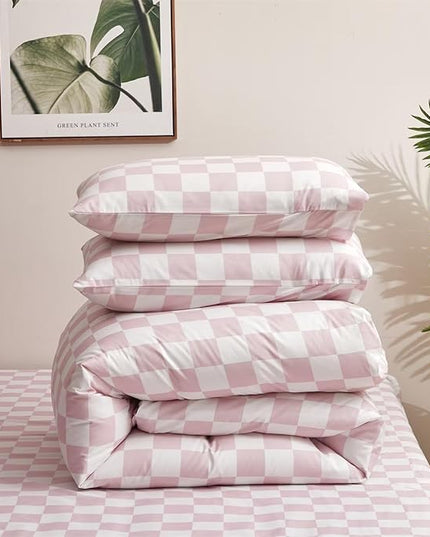 Houseri Pink Plaid Comforter Set Full White and Light Pink Buffalo Checkered Bedding Full Size Teen Girls Baby Pink Checkerboard Dorm Bed Quilt Soft Comfy Preppy Pale Pink Grid Comforters Full