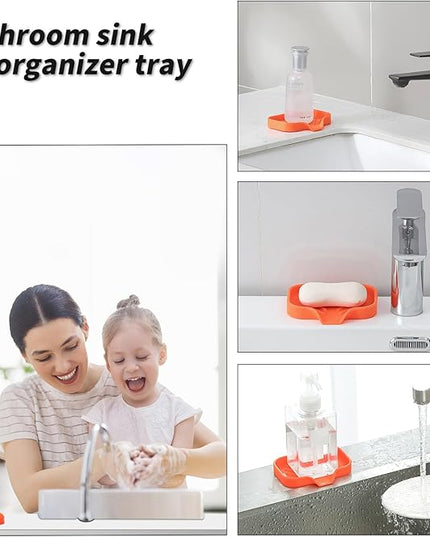 Silicone Bathroom Soap Dishes with Drain Spout-Bathroom and Kitchen Sink Organizer,Sponge Holder,Dish Soap Tray,Perfect for Dispenser,Scrubber,Bottle,Cup on Sink or Counter-Orange 4.9"×3.2"