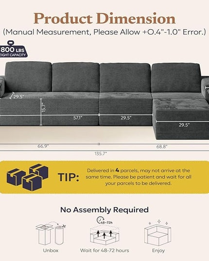136" Cloud Sectional Couch, Left/Right Facing Convertible Sofa with Deep Seat, L-Shape Modular Upholstered Foam Couch for Living Room Bedroom, No Assembly Required (Corduroy Fabric, Grey)