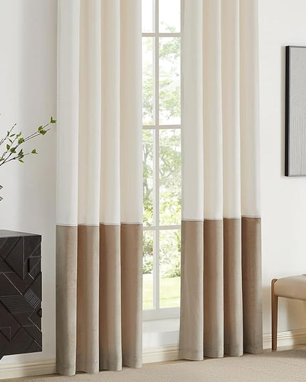 BULBUL Color Block Window Curtains Panels 96 inches Long Cream Ivory Champagne Velvet Farmhouse Drapes for Bedroom Living Room Darkening Treatment with Grommet Set of 2