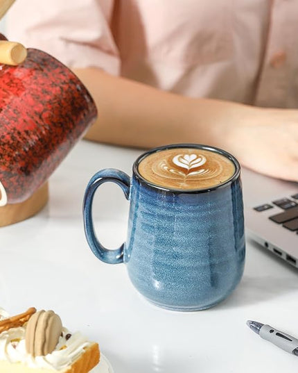 HASENSE Coffee Mugs Set of 4, 12 Oz Stoneware Coffee Cups with Large Handle, Colorful Rustic Mug Set for Coffee, Tea, Coco, Latte, Dishwasher and Microwave Safe
