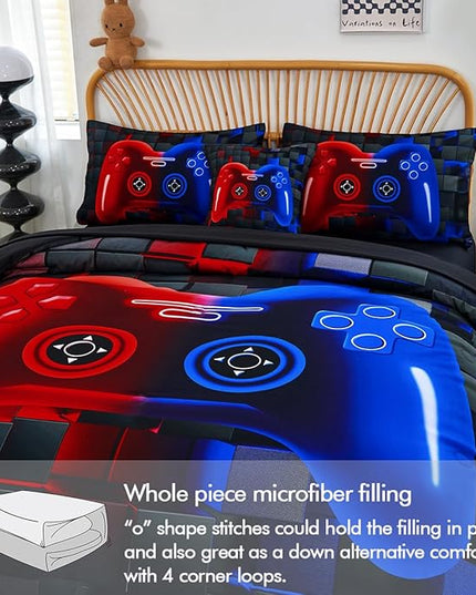 PERFEMET 6-Piece Boys Bedding Set Queen Size Red and Blue Game Console Kids Bed in A Bag Soft Lightweight 3D Cool Video Gamer Comforter Set with Sheets(Red Blue, Queen)