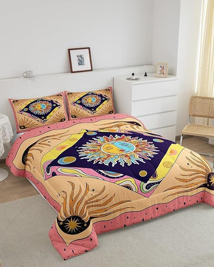 Manfei Starry Sky Galaxy Trippy Comforter Set King,Sun Moon Bedding Set 3pcs for Kids Teens Adults Room Decor,Geometric Boho Exotic Comfy Quilt Set,Colorful Vintage Duvet Insert with 2 Pillowcases