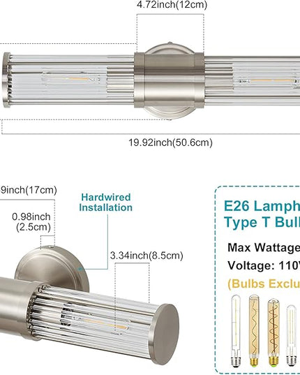 Brushed Nickel Wall Sconce Bathroom Vanity Light Fixtures for Mirror, Modern Wall Light with Glass Rod Shade for Bathroom, Bedroom, Hallway, Living Room - Bulb Not Included