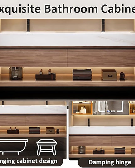 Modern Solid Wood Bathroom Vanity Set - Smart LED Fog Mirror, Floating Double Bath Sink Bathroom Cabinet, 2 Large Drawers & Open Shelves (Dark Brown, 64'')