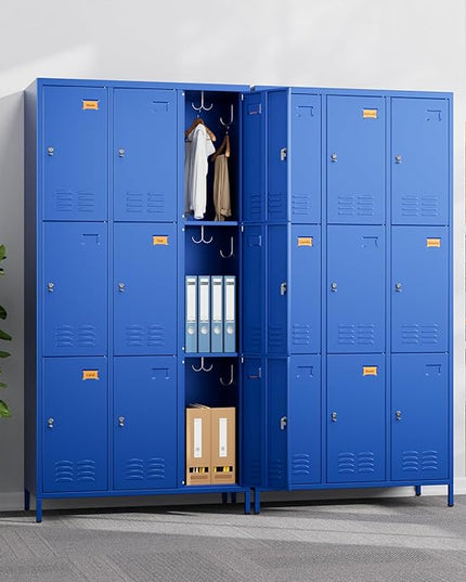 Aobabo New 9 Doors Metal Storage Locker for Employees, Lockable Steel Locker with Name Card Slot and 27 Hooks for School Office Gym Garage, Blue, Assembly Required