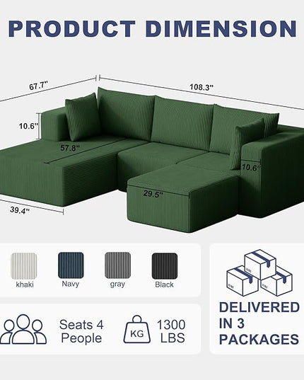 108" Boneless Couches for Living Room, Modular Cloud Couch Sofa - 4 Pieces U Shap Corduroy Sectional Sofa, Fluffy Memory Foam Sleeper Sofa Furniture, No Assembly, Wide Armrest, Green