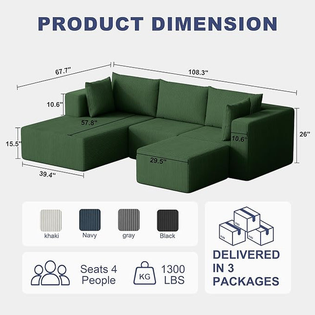 108" Boneless Couches for Living Room, Modular Cloud Couch Sofa - 4 Pieces U Shap Corduroy Sectional Sofa, Fluffy Memory Foam Sleeper Sofa Furniture, No Assembly, Wide Armrest, Green