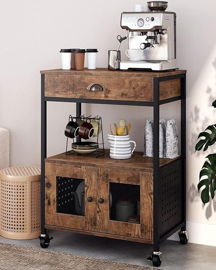 Catrimown Coffee Cart Station, Coffee Stand Station, Small Microwave Stand with Drawer, Movable Farmhouse Coffee Station Table on Wheels for Living Room, Entryway, Dining Room, Kitchen