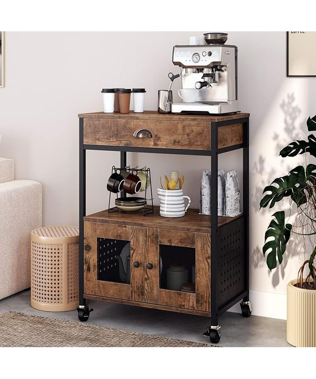 Catrimown Coffee Cart Station, Coffee Stand Station, Small Microwave Stand with Drawer, Movable Farmhouse Coffee Station Table on Wheels for Living Room, Entryway, Dining Room, Kitchen