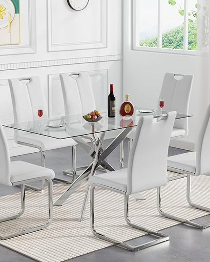 7 Piece Glass Dining Table Set, Glass Kitchen Dining Room Table Set for 6, Modern 51" Rectangular Silver Glass Metal Dining Table with 6 White Leather Dining Chairs for Kitchen Dining Room