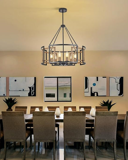 6-Light Drum Chandelier for Dining Room，23.6" Rustic Farmhouse Dining Room Light Fixture，Wood Grain and Vintage Black Metal Chandeliers for Kitchen Entryway Living Room
