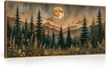 HOURIA Vintage Boho Nature Moonlight Forest Mountain Framed Canvas Wall Art Set,Wilderness Dark Moon Woodland Floral Decor,Retro Wildflower Field Landscape Artwork for Living Room,Farmhouse- 20"x40"x1