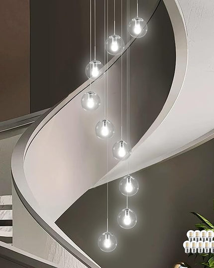 KoKo&Yukina 9-Light Globe Glass Pendant Light Adjustable Length Pendant Lights Fixtures Modern Nickel Clear Globe Glass Chandelier High Ceiling Lights Fixtures for Staircase (Bulb & Remote Incl.)