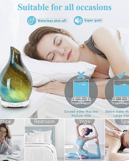Essential Oil Diffuser 120ML, Glass Aromatherapy Diffuser with 4 Timer Settings & 7 Color Changing Lights, Waterless Auto Shut-Off, Ultra Quiet Oil Diffuser for Home, Office, Yoga, Spa and Sleeping