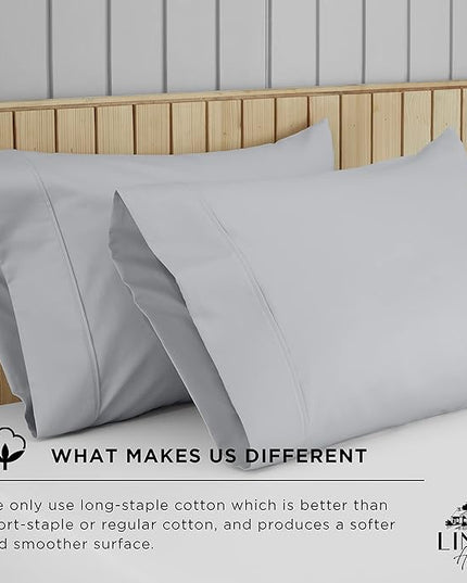 Linen Home 600 Thread Count King Pillowcase Set | 100% Long-Staple Cotton Pillow Cases | Soft & Smooth Luxury Satin Set of 2 Pillowcases | 4 Inch Z Hem | Silver