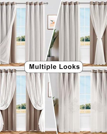 Hiasan Blackout Curtains with Sheer Overlay, Grommet Thermal Insulated Privacy Mix and Match Double Layer Window Curtains for Girls Bedroom, Living Room, 2 Drape Panels with Tiebacks, Camel, 52W X 63L