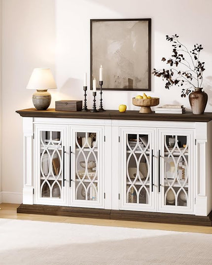 LGHM 60" Sideboard Buffet Cabinet with 4 Screen-Printed Glass Doors, Storage Cabinet with 2 in 1 Modular Design, Versatile Modern Credenza with Adjustable Shelves for Kitchen & Living Room