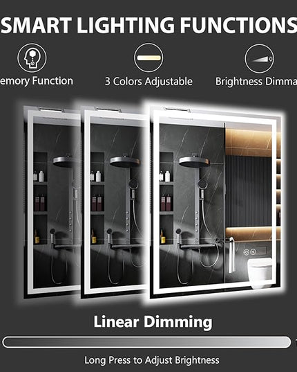 16x24 LED Bathroom Mirror with Lights, Lighted Bathroom Vanity Mirror for Wall, Anti-Fog, Dimmable, Backlit + Front Lit, Memory Function, Shatter-Proof, 3 Colors, Horizontal/Vertical