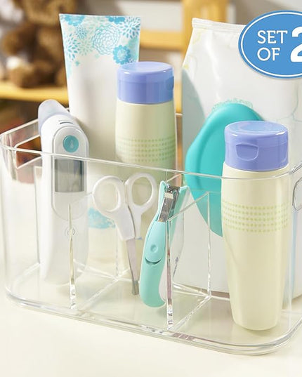 STORi Bliss 5-Compartment Plastic Cosmetics Storage Organizer, Set of 2 | Clear | Rectangular Divided Makeup Bin & Vanity Caddy with Pass-Through Handles | Round Corner Design | Made in USA